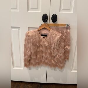 BCBGMaxAzria Blush Pink Feathered Mini Skirt and Jacket Set
